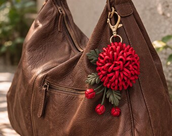 Handmade Leather Floral Bag Charm Keychain, Elegant Pom Accessory for Bag