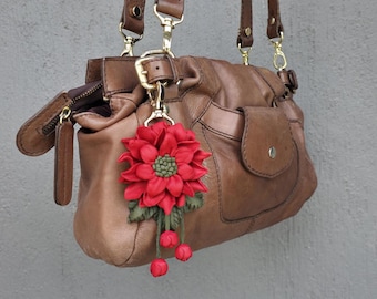 Handmade Leather Floral Bag Charm, Elegant Flower Keychain, Gift Idea for Boho Accessory