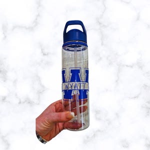 Personalised Clear Water Bottle with Straw - Blue Lid