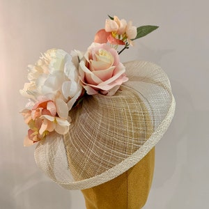 Rose & Blush Cherry Blossom Floral Cream Sinamay Fascinator Hat Wedding Races KittyMay.Online