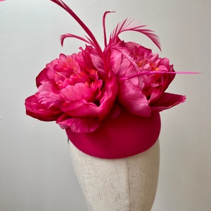 Fuchsia Pink Felt & Pink Peonies with Feathers Fascinator Wedding Races KittyMay.Online