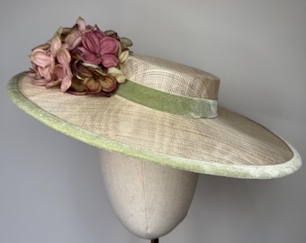 Natural Beige Sinamay Boater Hat with Hydrangeas & Sage Velvet Trim – Ascot Races Wedding Fascinator