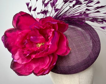 Feather & Peony Purple Cerise Sinamay Fascinator, Statement Fascinator, Wedding Fascinator, Races Fascinator, KittyMay.online