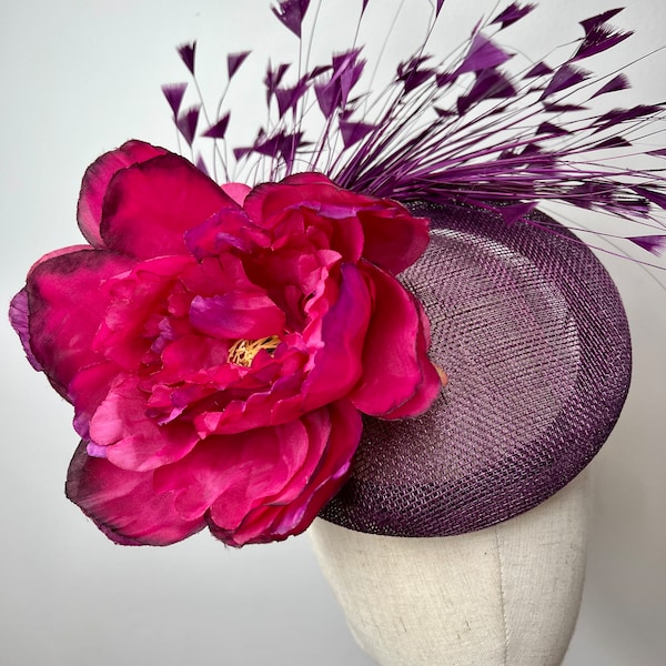 Feather & Peony Purple Cerise Sinamay Fascinator, Statement Fascinator, Wedding Fascinator, Races Fascinator, KittyMay.online