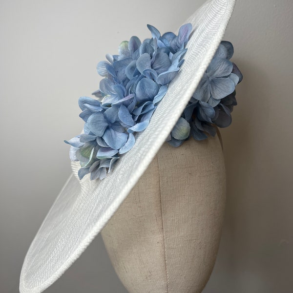 White Sinamay Fascinator with cornflower blue Hydrangea Petals