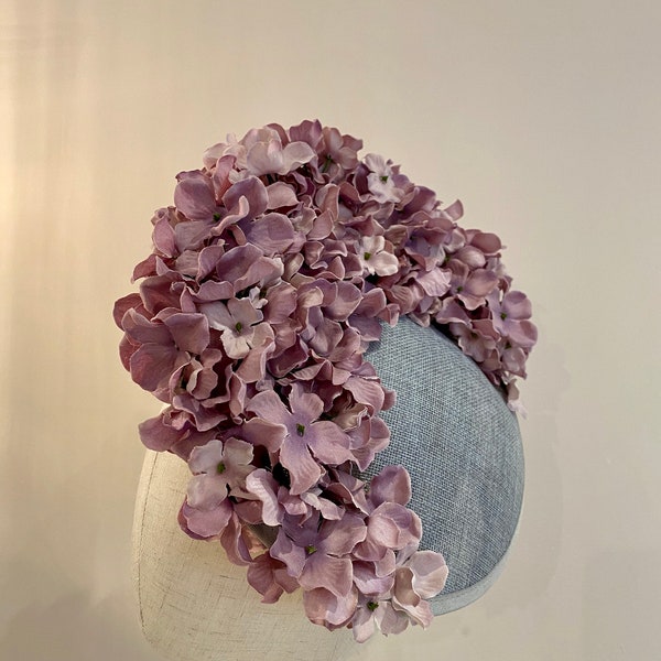 Stunning Grey Round Sinamay Dipped Fascinator with Lavender Hydrangea Petals Wedding Races KittyMay.online