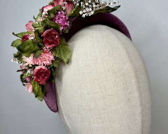 Beautiful Purple Velvet Headband with Array of Pink & Purple Flowers | Wedding Races KittyMay.online