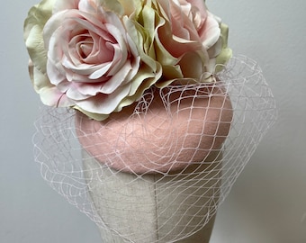 Pink Felt & Rose with Birdcage Veil Fascinator Wedding Ascot Races KittyMay.Online