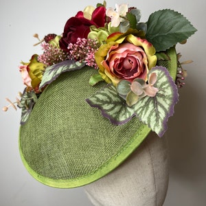 Stunning Green Sinamay Fascinator with a Beautiful Selection of Hydrangea Petals, Roses, Flowers and Berries Wedding Races KittyMay.online