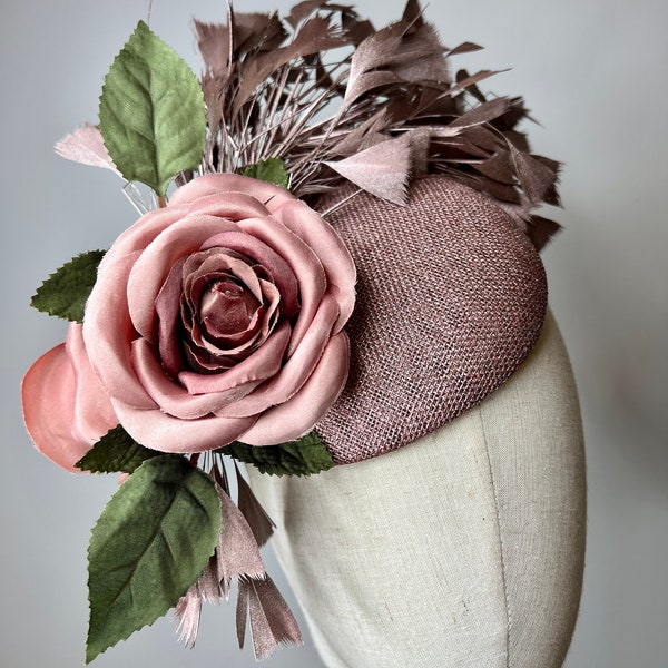 Feather & Rose Gold Pink Sinamay Fascinator, Statement Fascinator, Wedding Fascinator, Races Fascinator, KittyMay.online