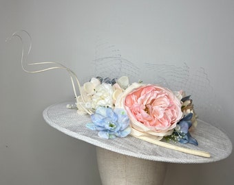 Stunning White Sinamay Fascinator with a Beautiful Selection of Roses & Hydrangea Petals Wedding Races KittyMay.online