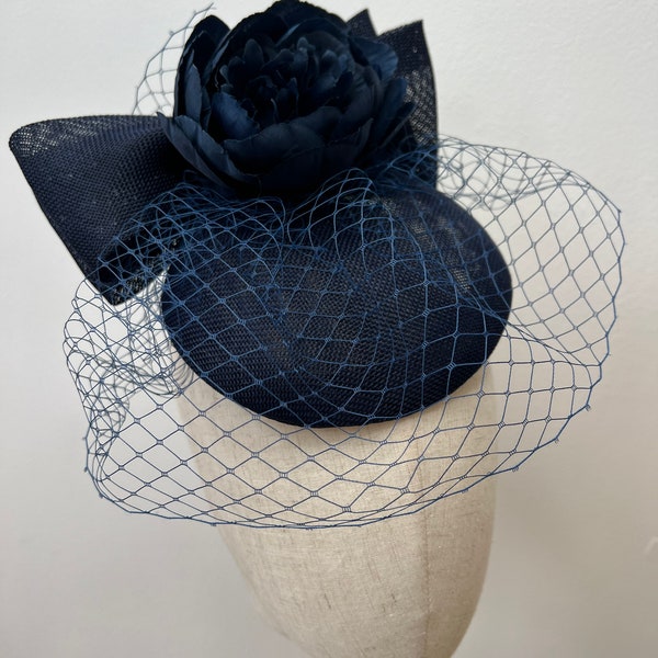 Navy Blue Round Sinamay Fascinator with Bow and birdcage veil Wedding Races Ascot Fascinator KittyMay.online