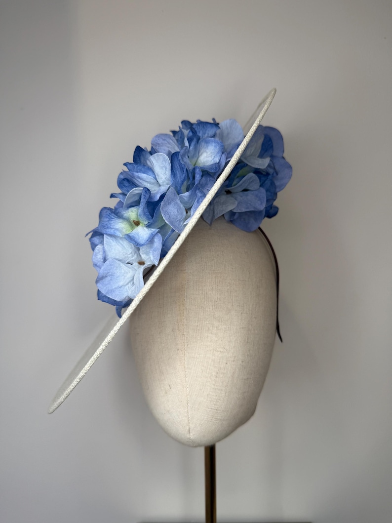 May include: A white hat with a wide brim, adorned with a cluster of light blue and white artificial hydrangea flowers. The hat is mounted on a mannequin head, showcasing its design and shape. The hat is a fashion accessory.