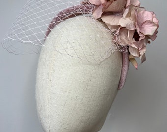 Beautiful Blush Pink velvet Headband, side cluster of blush Hydrangea Petals and Birdcage Veil Fascinator KittyMay.online