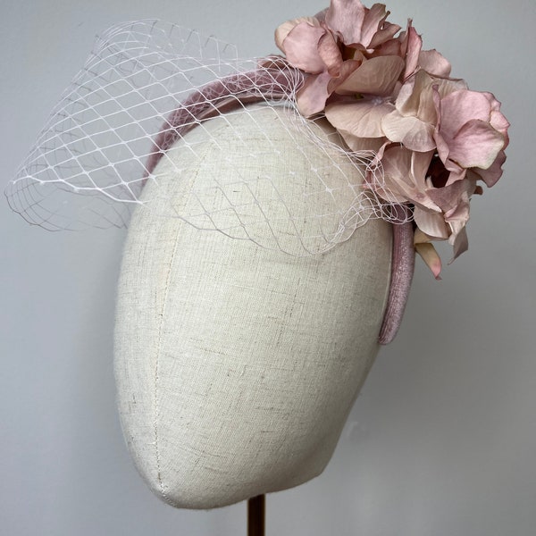 Beautiful Blush Pink velvet Headband, side cluster of blush Hydrangea Petals and Birdcage Veil Fascinator KittyMay.online