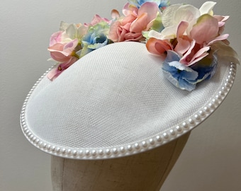Stunning White Round Sinamay Dipped Fascinator with Hydrangea Petals and Pearls Wedding Races KittyMay.online