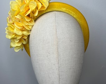 Yellow Velvet Headband with Hydrangeas: UK Made Races Wedding Headpiece