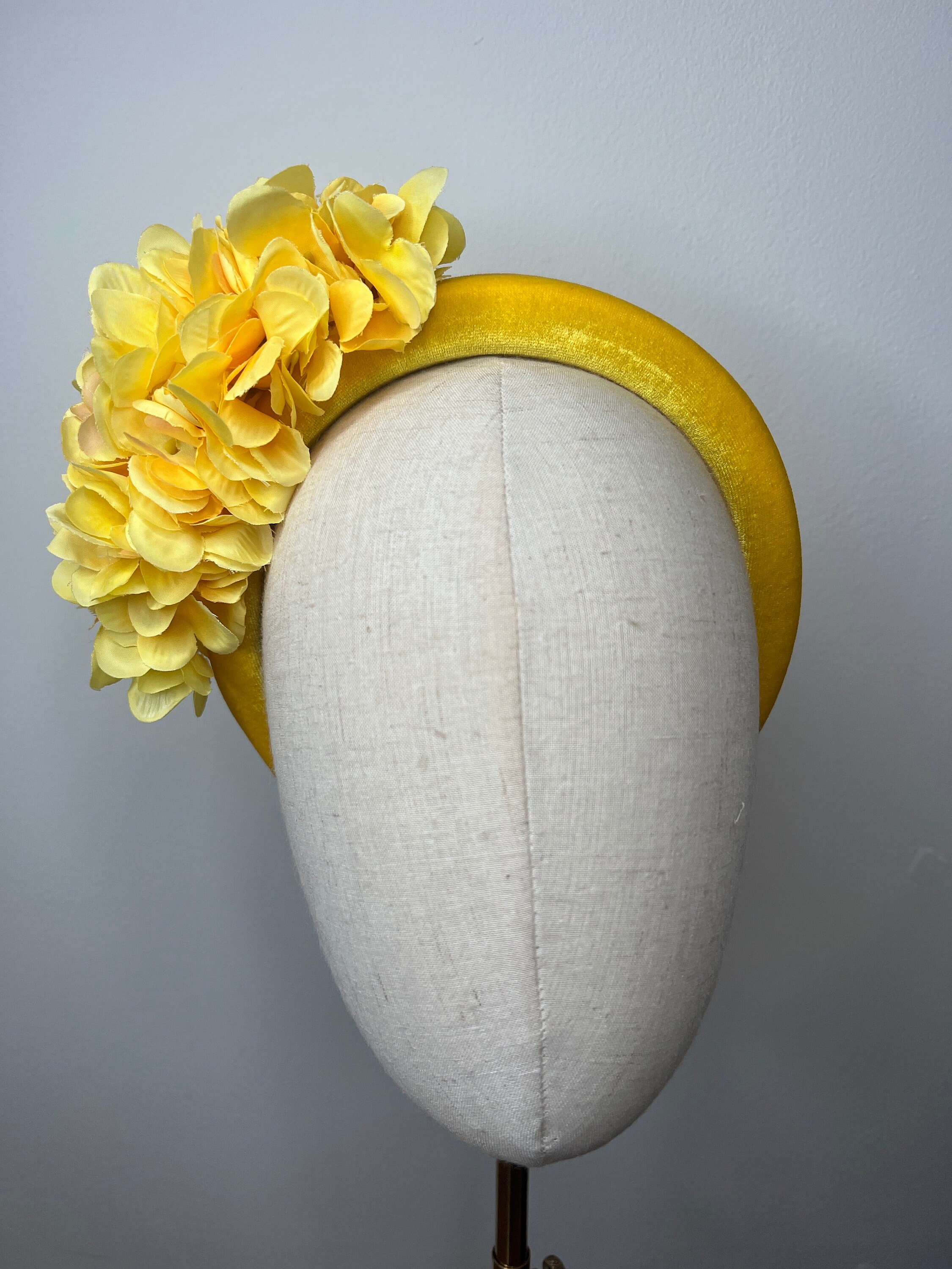 Yellow Velvet Headband with Hydrangeas: UK Made Races Wedding Headpiece