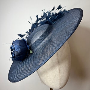 Navy Blue Sinamay Fascinator, Feathers & Peony, Statement Fascinator, Wedding Fascinator, Races Fascinator, KittyMay.online