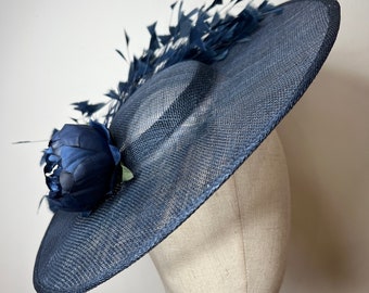 Navy Blue Sinamay Fascinator, Feathers & Peony, Statement Fascinator, Wedding Fascinator, Races Fascinator, KittyMay.online