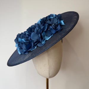 Stunning Navy Blue Sinamay Fascinator with a Beautiful Selection of Hydrangea Petals Wedding Races KittyMay.online