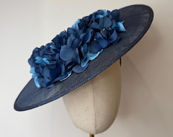 Navy Blue Sinamay Fascinator: Hydrangea Petal Headband, Wedding Races
