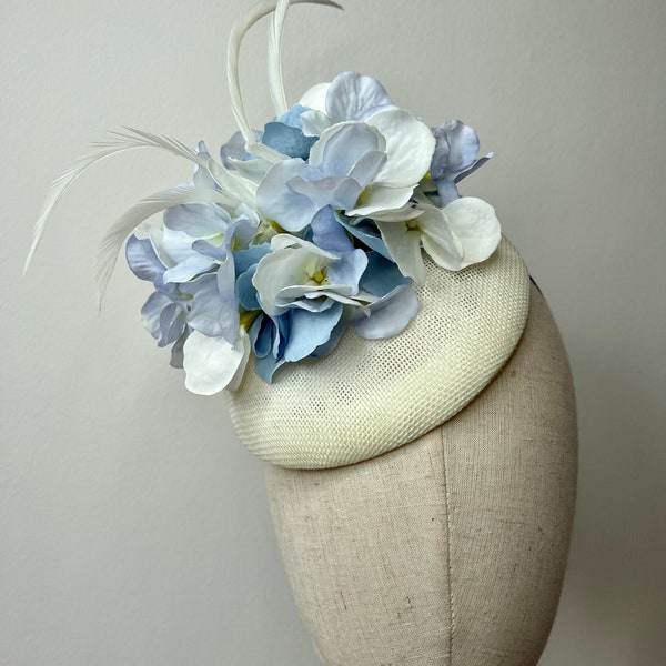 Blue ombré Hydrangea & Feather Ivory Fascinator Hat Wedding Races KittyMay.Online