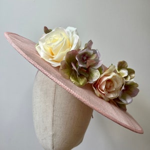 Stunning Pale Pink Sinamay Fascinator with a Beautiful Selection of Roses & Hydrangea Petals Wedding Races KittyMay.online