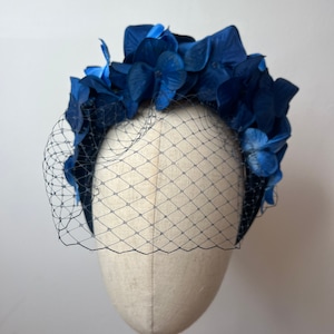 Beautiful Ombré Blue Hydrangea Halo with Veil Headband Wedding Races KittyMay.online