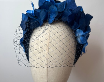 Blue Hydrangea Halo Headband with Veil: Wedding Races Headpiece