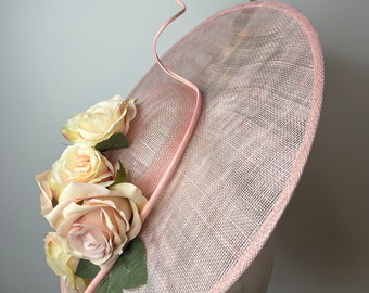 Stunning Pale Pink Sinamay Fascinator with a Beautiful Selection of Roses & Quill. Ascot Wedding Races KittyMay.online