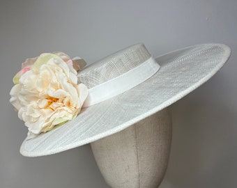 Ivory Sinamay Boater Hat with Peony Flowers, Velvet Trim - Wedding Races Ascot Hat
