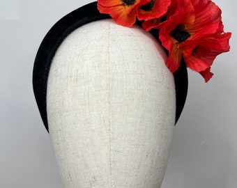 Beautiful Large Black Velvet Headband with Poppies Wedding Races KittyMay.online