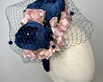 Stunning Navy Blue Satin Headband, Navy Peonies, Pink Hydrangeas & Navy Dotted Veiling Wedding Races KittyMay.online