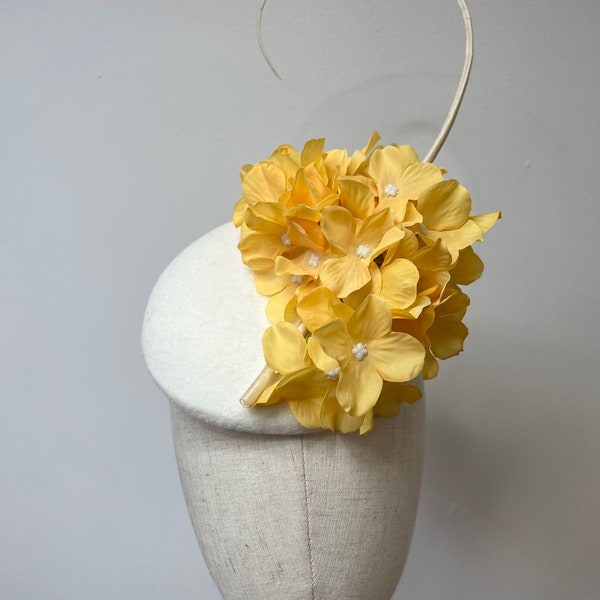 Yellow Hydrangea & Quill Ivory Felt Fascinator Hat Wedding Races KittyMay.Online
