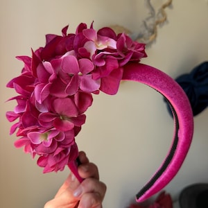 Fuchsia Velvet Headband with Pink Hydrangea - Wedding Races Headpiece