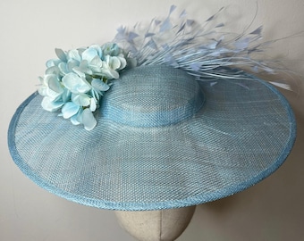 Pale Blue Feather Sinamay Fascinator, Wedding Races Headband