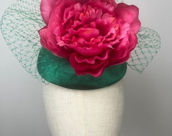 Green Felt & Pink Rose with Birdcage Veil Fascinator Wedding Races KittyMay.Online