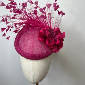 Feather & Hydrangea Cerise Pink Sinamay Fascinator, Statement Fascinator, Wedding Fascinator, Races Fascinator, KittyMay.online
