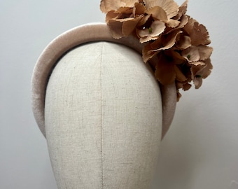 Beautiful Caramel Velvet Headband & Tan Hydrangea Petals Wedding Races KittyMay.online