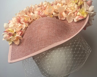 Peach Sinamay Fascinator with Cherry Blossom Petals and Birdcage Veil. Wedding Fascinator, Races Fascinator, KittyMay.online