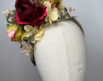 Beautiful Natural Straw Headband, Rose, flowers, Hydrangea Petals & Berries Wedding Races KittyMay.online