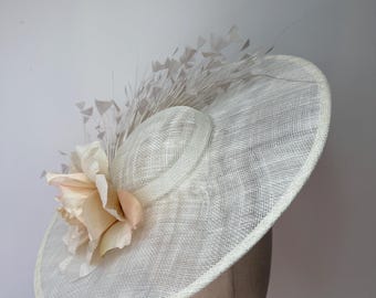 Ivory Sinamay Fascinator: Beige Feather & Rose Wedding Headpiece