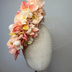Peach Coral Sinamay Fascinator with Cherry Blossom Petals and Birdcage Veil. Wedding Fascinator, Races Fascinator, KittyMay.online