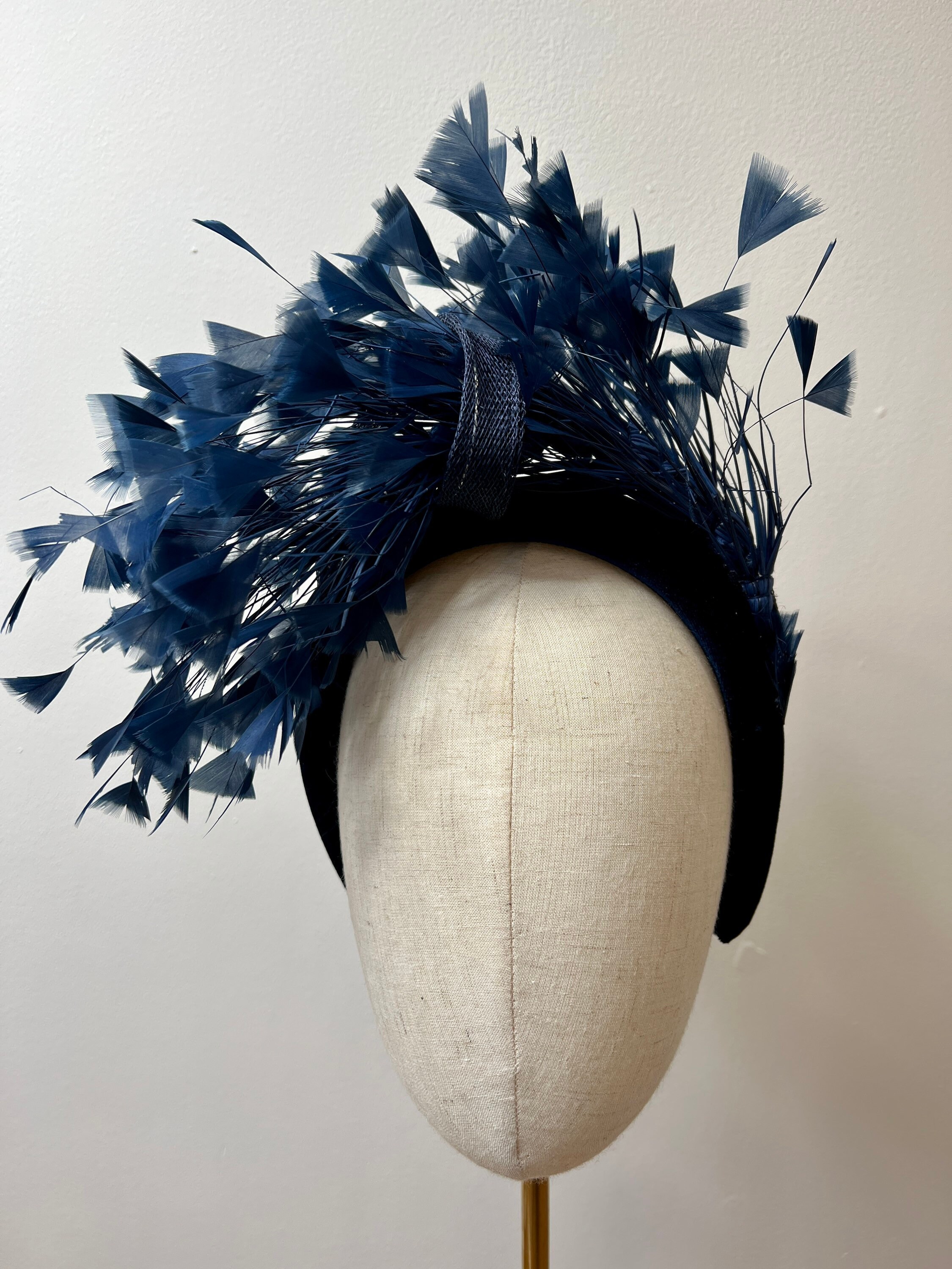 Navy Blue Feather Fascinator Statement Heandband Headwear Formal Occasion Tea Navy Headpiece Races Headband Feather Fascinator Headband  main image 3