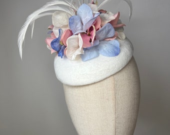 Pink, blue and cream ombré Hydrangea & Feather Ivory Velvet Fascinator Hat Wedding Races KittyMay.Online