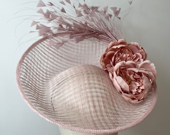 Rose pink Lattice Weave Sinamay Fascinator, Feathers & Peonies, Statement Fascinator, Wedding Fascinator, Races Fascinator, KittyMay.online