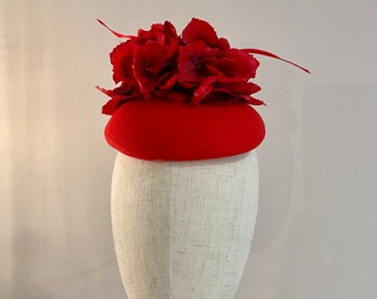 Red Hydrangea & Feather Felt Fascinator Hat Wedding Races KittyMay.Online