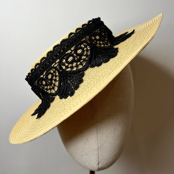 Stunning Natural Boater Fascinator with Black Lace… Wedding Races KittyMay.online