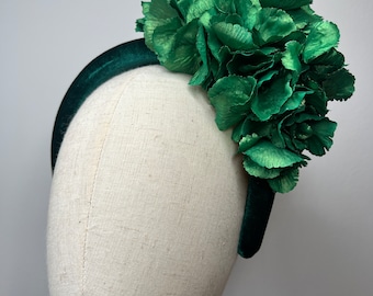 Green Headband with ombré Emerald Green hydrangea petals side cluster Wedding Races KittyMay.online